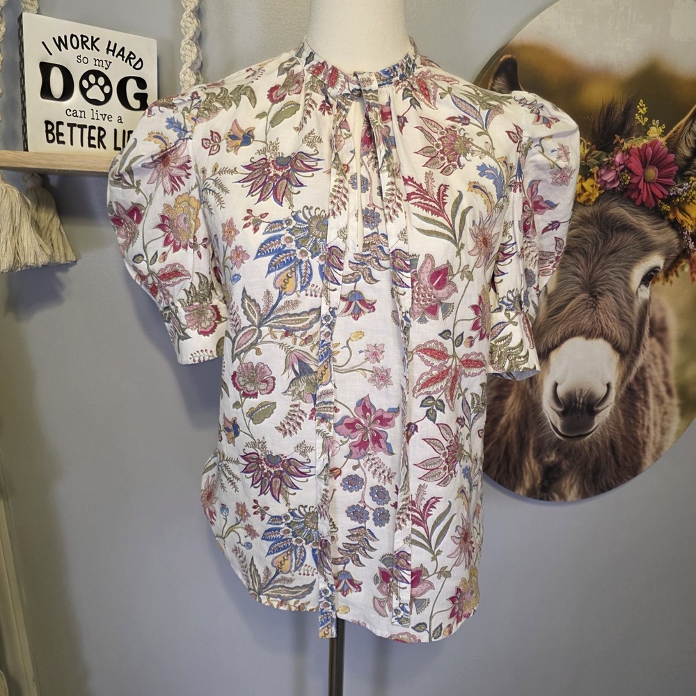 Polo Ralph Lauren Floral Tie Neck Linen Blouse Size 6 Puff Sleeve Romantic